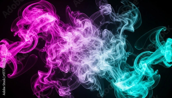 Fototapeta Neon magenta and cyan smoke swirling on deep black background