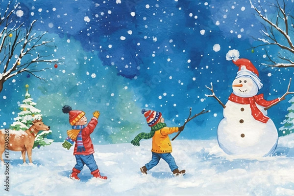 Obraz snowman and christmas tree