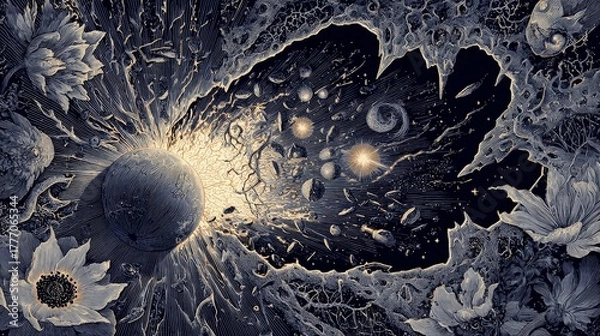 Obraz Cosmic Bloom: Intricate Engraving of Celestial Explosion, Floral Frame, Dark Fantasy Art