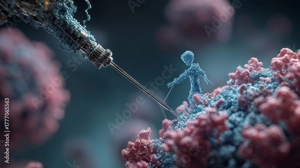 Obraz Nanotech Injection:  Abstract 3D Rendering of Cellular Treatment, Hopeful and Futuristic Medical Concept.