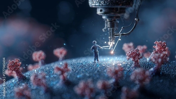 Obraz Nanotechnology combats virus: futuristic 3D render of microscopic battle against infectious disease.