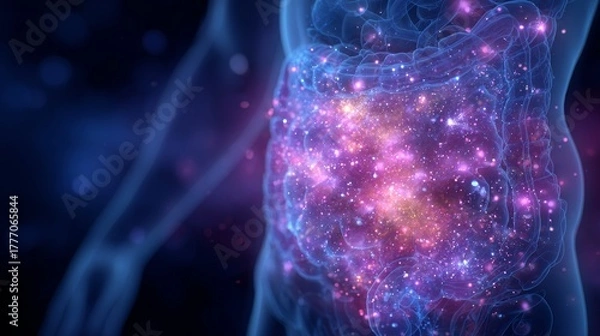Obraz Intricate Human Intestine: Glowing Nebula-like Microbiome, 3D Medical Illustration