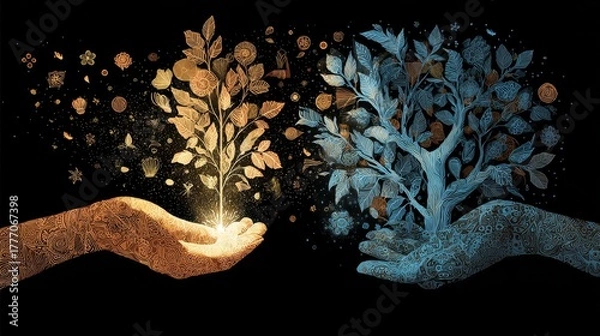 Obraz Ornate Hands Cradle Glowing Sapling and Mature Tree;  Mystical, Spiritual, Growth Concept.