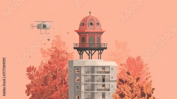 Obraz Surreal Autumn Scene: Helicopter, Ornate Pavilion atop Modern Building, Pastel Palette