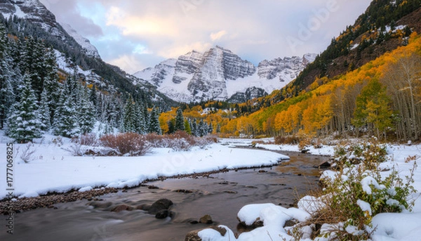 Obraz The iconic snow-capped Maroon Bells mountains overlook a snowy meadow and stream. Vibrant yellow aspen trees line the valley, showing a transition from autumn to winter.