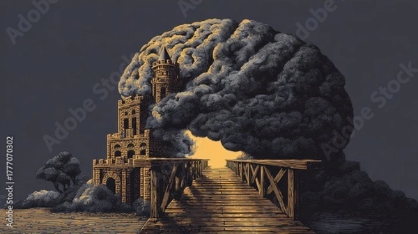 Obraz Mysterious Castle Tower Emerging from Dark Cloudscape:  Intricate Woodcut Style, Golden Hour Light