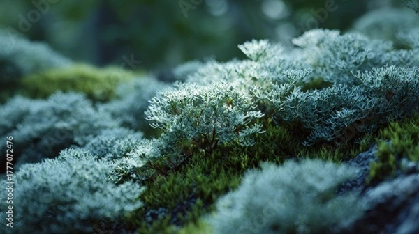 Obraz Serene Moss and Lichen Landscape:  Soft, Dreamy Teal Tones, Natural Texture, Tranquil Forest Mood.