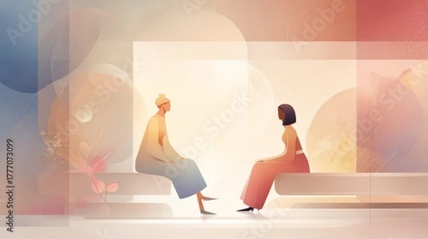 Obraz Serene Conversation: Two Women in Modern Abstract Setting, Warm Color Palette, Peaceful Mood.