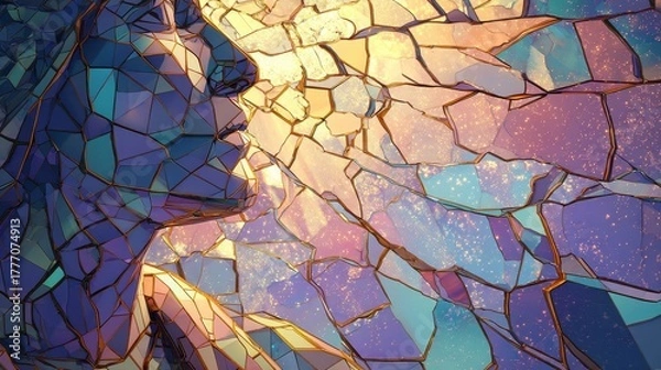 Obraz Abstract Fractured Portrait:  Mystical, iridescent gemstone mosaic with gold detailing.