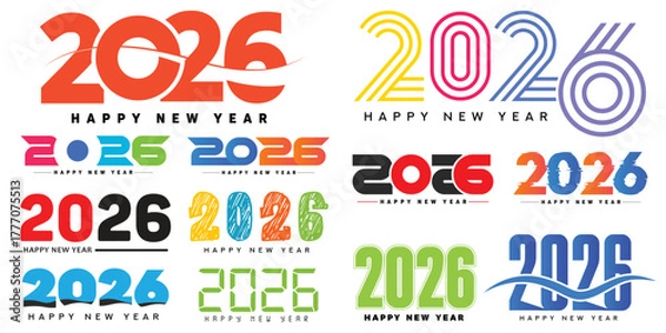 Fototapeta 2026 Happy New Year Typography Text Different Style Logo Graphics Design