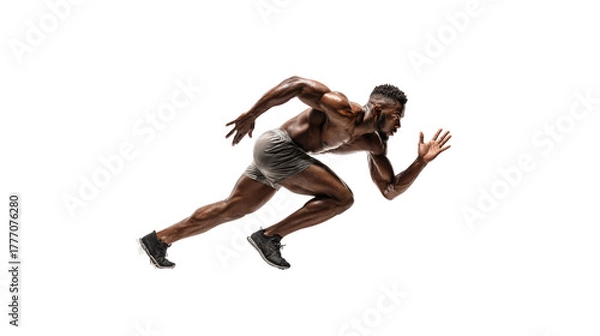 Fototapeta Strong Male Sprinter in Mid-Run Captured in Dynamic Motion on Isolated Background for Athletic Imagery