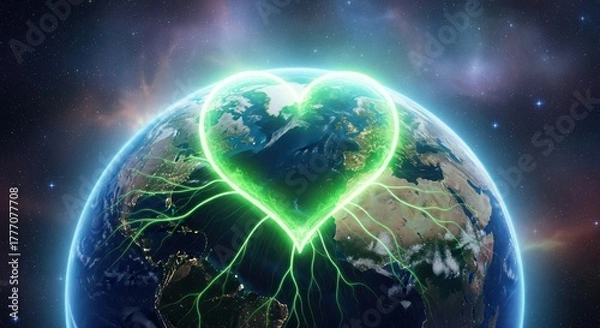 Fototapeta Earth in space with a green heart shape representing love and care for the planet and environmental protection and sustainability concept
