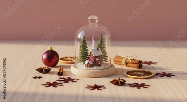 Fototapeta Enchanting christmas snow globe with miniature house and trees, surrounded by festive decorations on wooden table, creating a magical scene