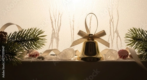 Fototapeta Festive christmas bell ornament with ribbon and pine branches, creating a warm and inviting holiday scene, perfect for seasonal greetings