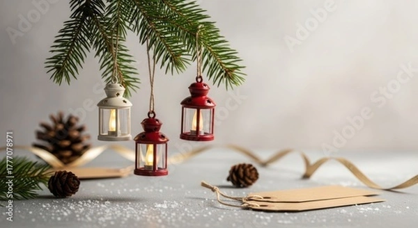 Fototapeta Christmas decoration with pine branch and small lantern ornaments, creating a cozy and festive atmosphere, perfect for holiday season