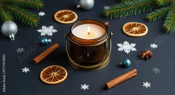 Fototapeta Cozy christmas composition with burning candle, dried orange slices, cinnamon sticks, fir branches and decorative snowflakes on dark background