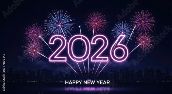 Fototapeta Bright neon 2026 sign illuminating the night sky with colorful fireworks for a happy new year celebration over city skyline
