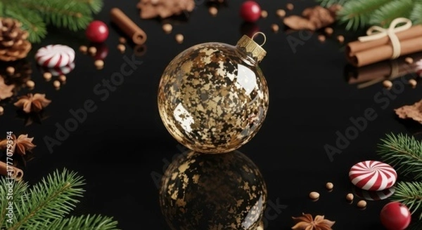 Fototapeta Elegant golden christmas ornament reflecting on a black surface surrounded by festive decorations, creating a luxurious holiday ambiance