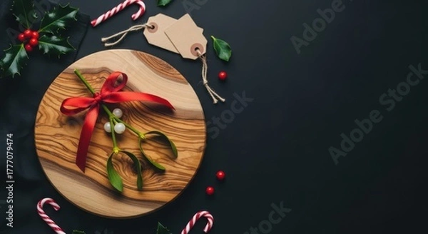 Fototapeta Festive christmas table setting with mistletoe, holly, candy canes, and gift tag on a dark background creating a joyful holiday mood
