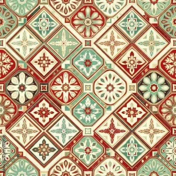 Fototapeta Seamless pattern of vintage style tiles in red, green and beige colors for textile, wallpaper, wrapping paper and scrapbooking design