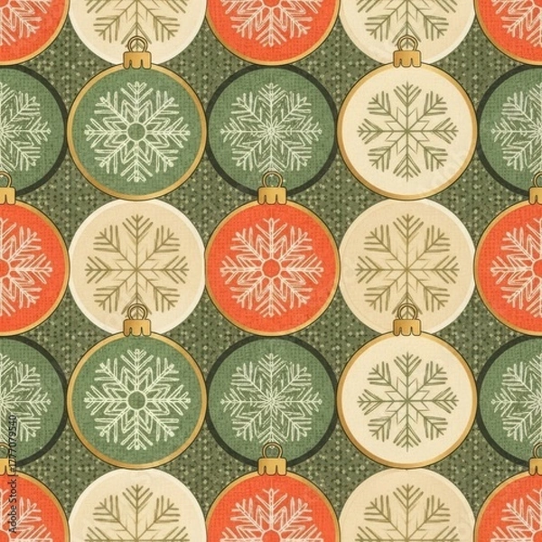 Fototapeta Seamless pattern of vintage christmas balls with snowflakes in red, green and beige colors for textile, wallpaper, wrapping paper design