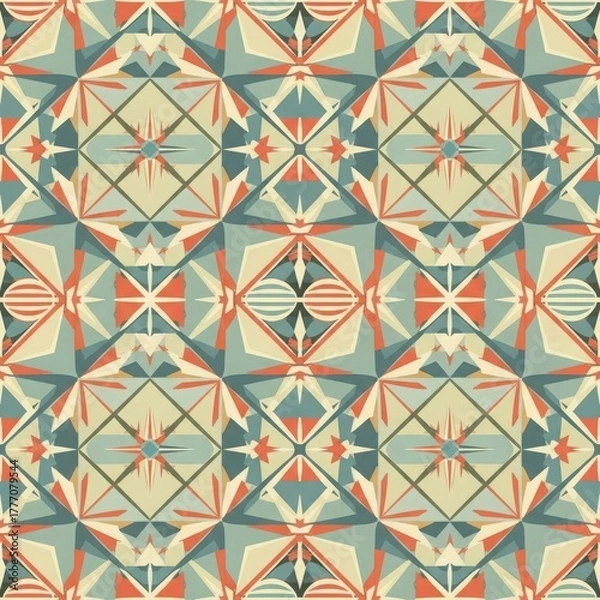Fototapeta Geometric kaleidoscope pattern with a vintage color palette, featuring a symmetrical arrangement of shapes and lines, creating a retroinspired design