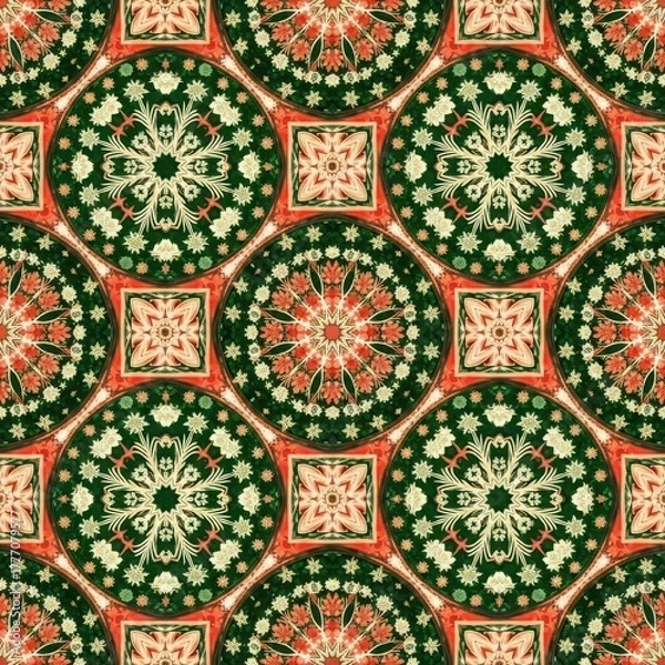 Fototapeta Intricate floral kaleidoscope pattern with a rich color scheme, featuring a symmetrical arrangement of flowers and ornaments, creating an elegant design