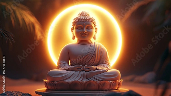 Fototapeta Smiling Budha statue with ring light background