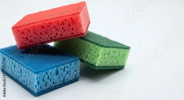 Obraz Colorful Cleaning Sponges Stacked on White Surface.