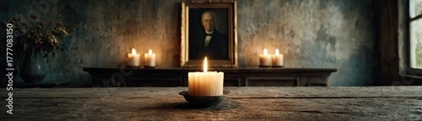 Fototapeta Lone candle slowly melting before portrait concept. A serene candlelit scene with warm ambiance and rustic decor.