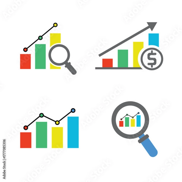 Fototapeta Visualizing Growth and Analysis: A collection of vibrant graphics showcasing business charts, magnifying glass, and financial growth, symbolizing market trends and economic analysis. 