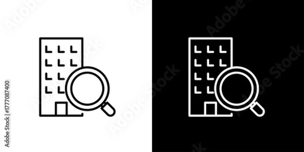 Fototapeta Outline icon of a building with a magnifying glass, symbolizing comprehensive property search, real estate, office location, and market research discovery