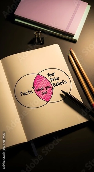 Fototapeta Minimalist concept of cognitive bias illustrated in notebook with Venn diagram comparing facts and prior beliefs
