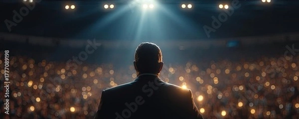 Fototapeta Back view of motivational speaker on stage concept. Speaker delivers a powerful message to an engaged audience.