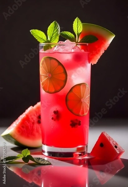 Obraz A colorful watermelon mojito cocktail in a clear glass with watermelon cubes  lime and mint
