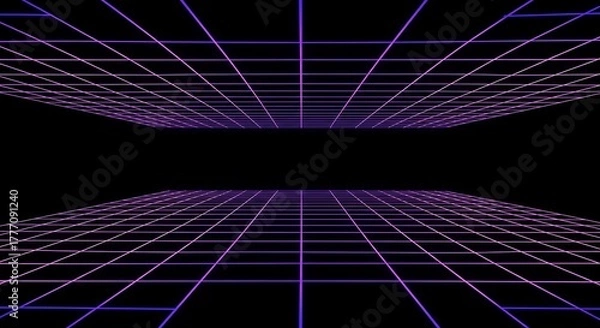 Fototapeta Abstract sci-fi background featuring a glowing purple neon grid stretching into a digital horizon, evoking a retro 80s synthwave and futuristic cyberspace aesthetic