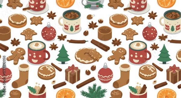 Obraz Christmas Pattern Flat Design Vector Festive Holiday Elements