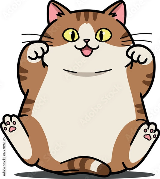 Obraz Chubby Brown Tabby Cat Sitting Playfully with Yellow Eyes and Pink Paws