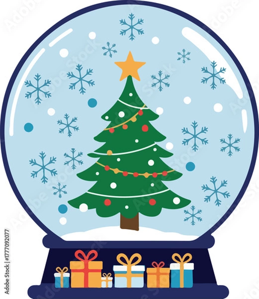 Obraz Christmas Snow Globe With Tree Presents And Snowflakes Flat Design