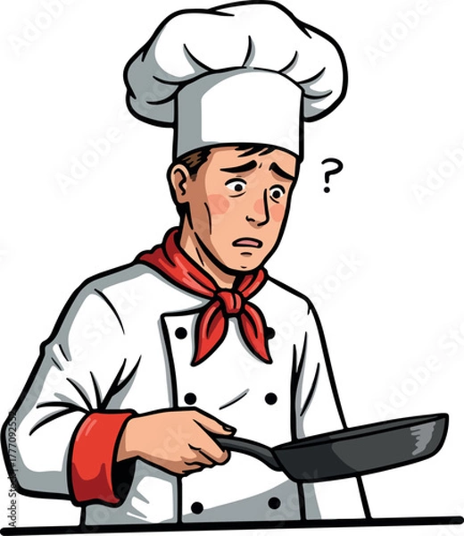 Obraz Confused Chef Holding Frying Pan White Hat Red Scarf Uniform Isolated