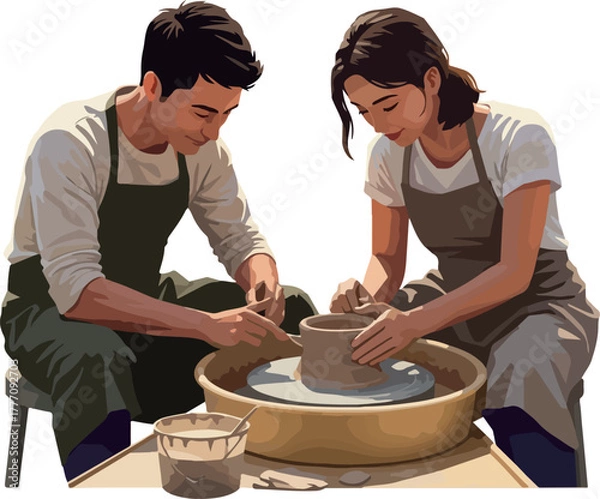 Obraz Couple Crafting Pottery Together on Wheel