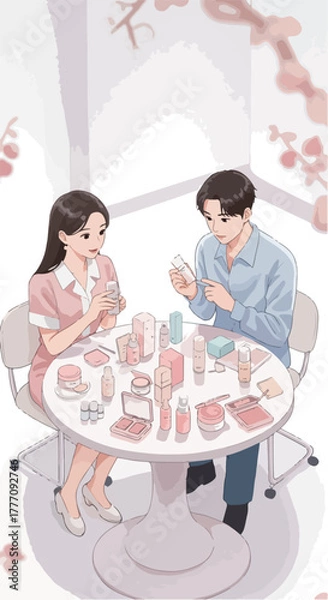 Obraz Couple Discussing Skincare Products at a White Table with Cherry Blossoms