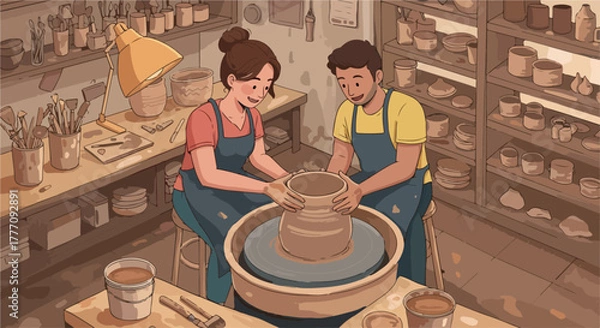 Obraz Couple Making Pottery Together on Wheel in Workshop Studio