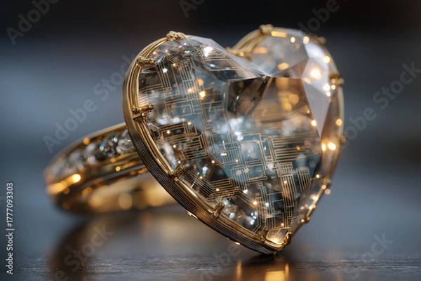 Obraz Floating crystal heart pendant with gold ring and glowing circuit trace lines on soft bokeh background