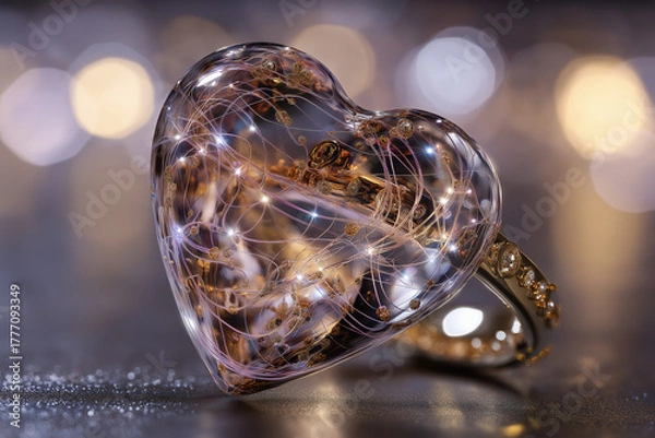 Fototapeta Floating crystal heart pendant with gold ring and glowing circuit trace lines on soft bokeh background