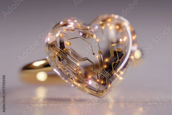 Fototapeta Floating crystal heart pendant with gold ring and glowing circuit trace lines on soft bokeh background