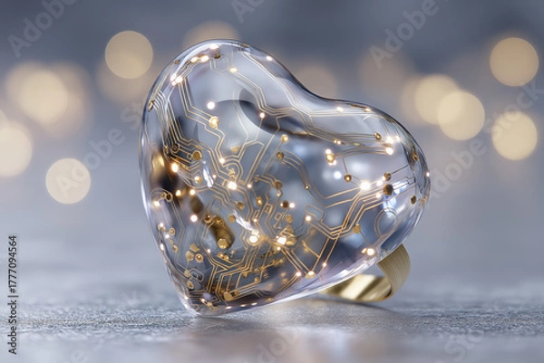 Fototapeta Floating crystal heart pendant with gold ring and glowing circuit trace lines on soft bokeh background