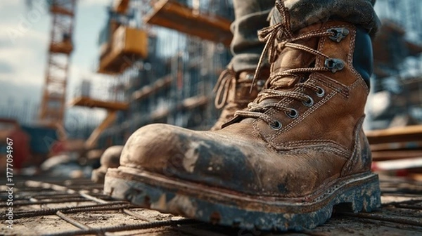 Fototapeta Close-up of steel-toe boots on active job site concept. Close-up of a worn construction boot on a building site.