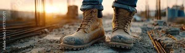 Fototapeta Close-up of steel-toe boots on active job site concept. Close-up of sturdy work boots on a construction site at sunset.