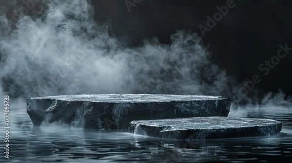 Fototapeta Dark, moody scene with two stone platforms on water, surrounded by fog and smoke